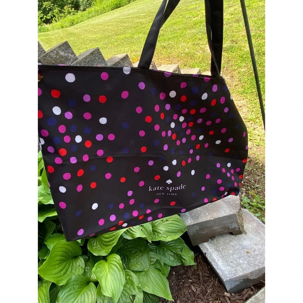 Kate Spade Black Polka Dot Tote Bag Large Nylon Travel Beach Shopper Carryall‎